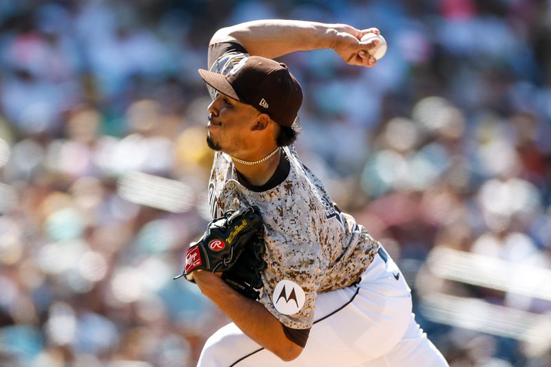 Aug 4, 2024; San Diego, California, USA; San Diego Padres relief pitcher Jeremiah Estrada (56) throws a pitch during the eighth inning against the Colorado Rockies at Petco Park. Mandatory Credit: David Frerker-USA TODAY Sports