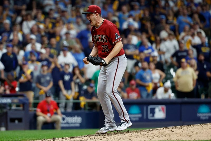 Oct 4, 2023; Milwaukee, Wisconsin, USA; Arizona Diamondbacks relief pitcher Paul Sewald (38) reacts after winning against the Milwaukee Brewers in the ninth inning during game two of the Wildcard series for the 2023 MLB playoffs at American Family Field. Mandatory Credit: Kamil Krzaczynski-USA TODAY Sports