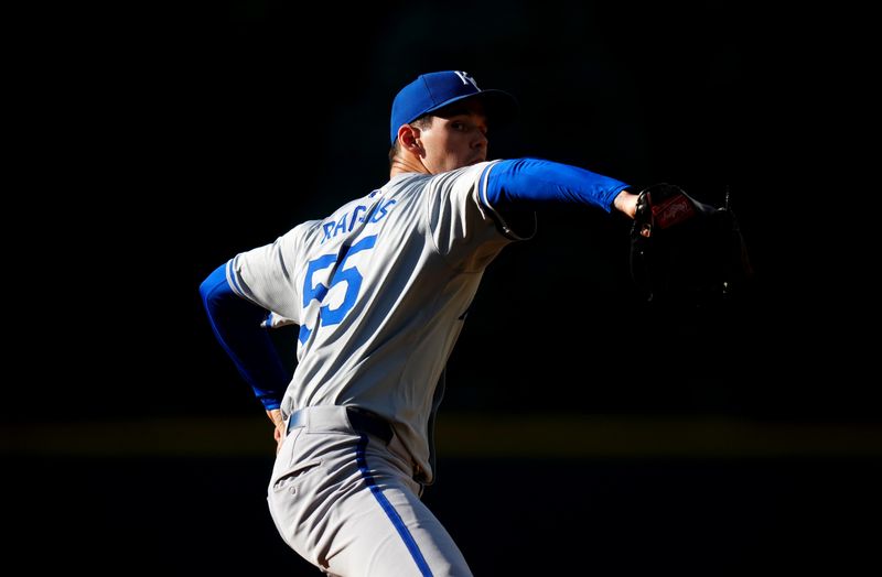 Jul 5, 2024; Denver, Colorado, USA; Kansas City Royals starting pitcher Cole Ragans (55) delivers a pitch in the first inning against the Colorado Rockies at Coors Field. Mandatory Credit: Ron Chenoy-USA TODAY Sports