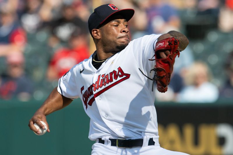 Sep 3, 2023; Cleveland, Ohio, USA; Cleveland Guardians relief pitcher Xzavion Curry (44) throws a pitch during the first inning against the Tampa Bay Rays at Progressive Field. Mandatory Credit: Ken Blaze-USA TODAY Sports