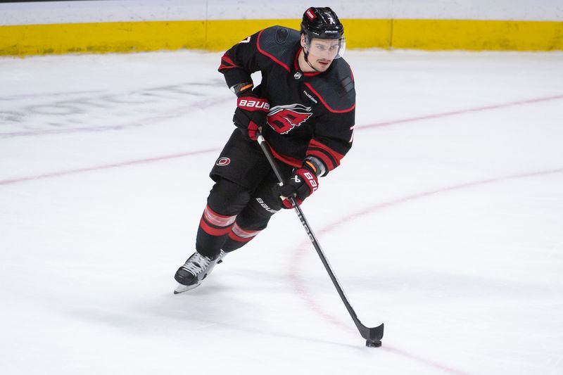 Mar 17, 2024; Ottawa, Ontario, CAN; Carolina Hurricanes defenseman Dmitry Orlov (7) skates with the puck in the third period against the Ottawa Senators at the Canadian Tire Centre. Mandatory Credit: Marc DesRosiers-USA TODAY Sports