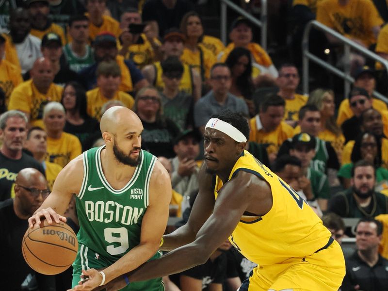 INDIANAPOLIS, IN - MAY 25: Derrick White #9 of the Boston Celtics dribbles the ball during the game against the Indiana Pacers during Game 3 of the Eastern Conference Finals on May 25, 2024 at Gainbridge Fieldhouse in Indianapolis, Indiana. NOTE TO USER: User expressly acknowledges and agrees that, by downloading and or using this Photograph, user is consenting to the terms and conditions of the Getty Images License Agreement. Mandatory Copyright Notice: Copyright 2024 NBAE (Photo by Ron Hoskins/NBAE via Getty Images)