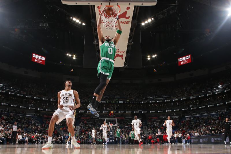 NEW ORLEANS, LA - JANUARY 31: Jayson Tatum #0 of the Boston Celtics dunks the ball during the game against the New Orleans Pelicans on January 31, 2025 at the Smoothie King Center in New Orleans, Louisiana. NOTE TO USER: User expressly acknowledges and agrees that, by downloading and or using this Photograph, user is consenting to the terms and conditions of the Getty Images License Agreement. Mandatory Copyright Notice: Copyright 2025 NBAE (Photo by Layne Murdoch Jr./NBAE via Getty Images)