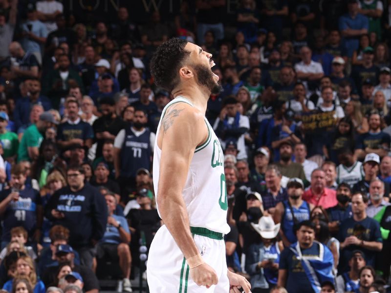 DALLAS, TX - JUNE 12: Jayson Tatum #0 of the Boston Celtics celebrates during the game against the Dallas Mavericks during Game 3 of the 2024 NBA Finals on June 12, 2024 at the American Airlines Center in Dallas, Texas. NOTE TO USER: User expressly acknowledges and agrees that, by downloading and or using this photograph, User is consenting to the terms and conditions of the Getty Images License Agreement. Mandatory Copyright Notice: Copyright 2024 NBAE (Photo by Nathaniel S. Butler/NBAE via Getty Images)