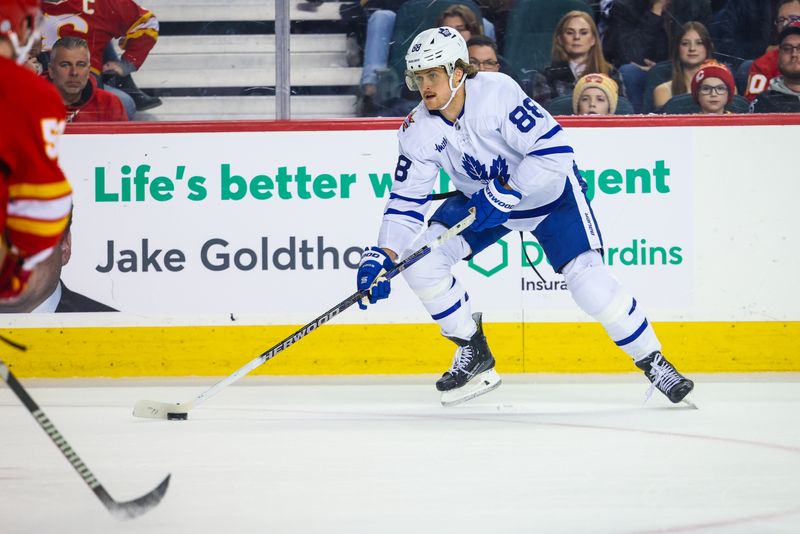 Jan 18, 2024; Calgary, Alberta, CAN; Toronto Maple Leafs right wing William Nylander (88) controls the puck against the Calgary Flames during the third period at Scotiabank Saddledome. Mandatory Credit: Sergei Belski-USA TODAY Sports