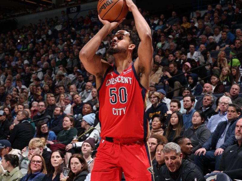 MINNEAPOLIS, MN -  MARCH 19:  Jeremiah Robinson-Earl #50 of the New Orleans Pelicans shoots the ball during the game against the Minnesota Timberwolves  on March 19, 2025 at Target Center in Minneapolis, Minnesota. NOTE TO USER: User expressly acknowledges and agrees that, by downloading and or using this Photograph, user is consenting to the terms and conditions of the Getty Images License Agreement. Mandatory Copyright Notice: Copyright 2025 NBAE (Photo by David Sherman/NBAE via Getty Images)