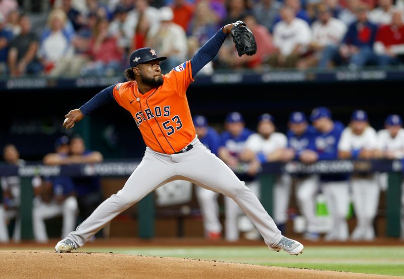 Oct 18, 2023; Arlington, Texas, USA; Houston Astros pitcher Cristian Javier (53) throws during the first inning of game three of the ALCS against the Texas Rangers in the 2023 MLB playoffs at Globe Life Field. Mandatory Credit: Andrew Dieb-USA TODAY Sports