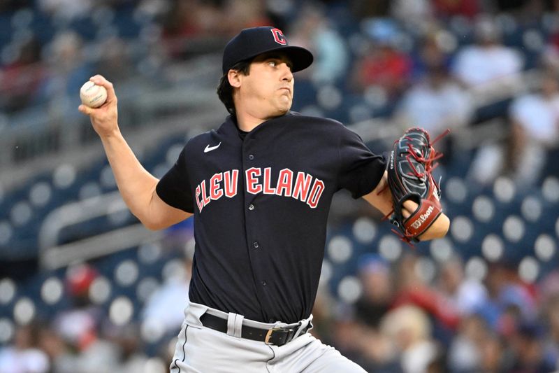 Apr 14, 2023; Washington, District of Columbia, USA; Cleveland Guardians starting pitcher Cal Quantrill (47) throws to the Washington Nationals during the first inning at Nationals Park. Mandatory Credit: Brad Mills-USA TODAY Sports