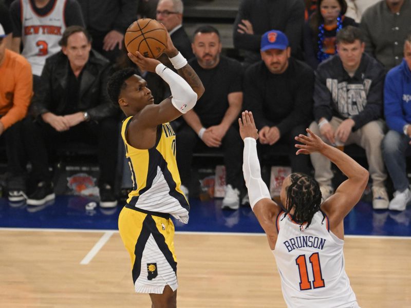 NEW YORK, NY - MAY 23: Bennedict Mathurin #00 of the Indiana Pacers shoots the ball during the game against the New York Knicks during Game Two of the 2025 Eastern Conference Finals on May 23, 2025 at Madison Square Garden in New York City, New York.  NOTE TO USER: User expressly acknowledges and agrees that, by downloading and or using this photograph, User is consenting to the terms and conditions of the Getty Images License Agreement. Mandatory Copyright Notice: Copyright 2025 NBAE  (Photo by David Dow/NBAE via Getty Images)