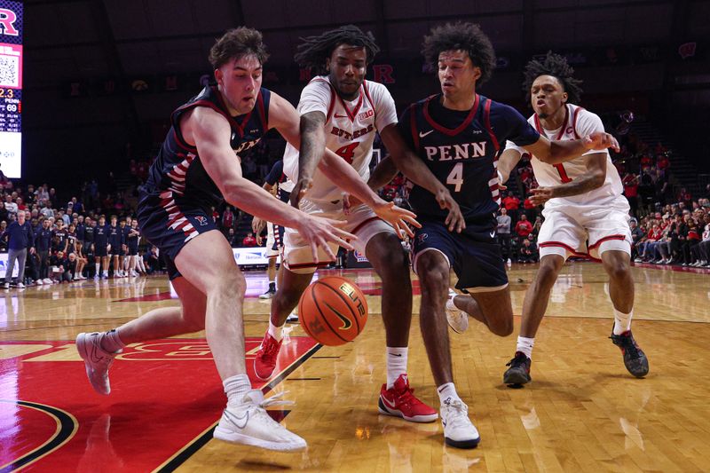 Dec 20, 2025; Piscataway, New Jersey, USA; Rutgers Scarlet Knights forward Bryce Dortch (4) battles for the ball against Penn Quakers center Dalton Scantlebury (13) and guard Jay Jones (4) during the second half at Jersey Mike's Arena. Mandatory Credit: Vincent Carchietta-Imagn Images