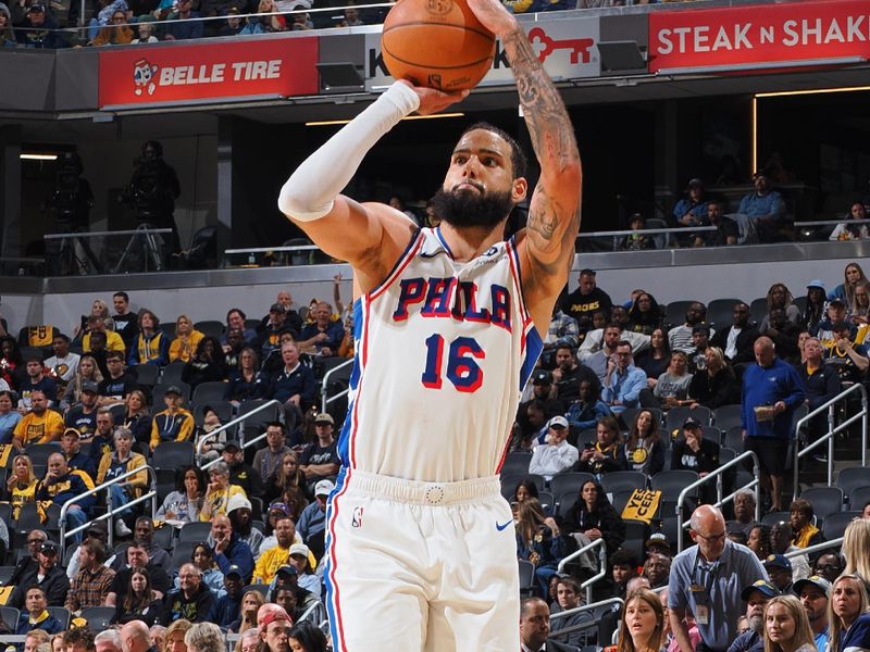 INDIANAPOLIS, IN - OCTOBER 27: Caleb Martin #16 of the Philadelphia 76ers three point basket during the game against the Indiana Pacers on October 27, 2024 at Gainbridge Fieldhouse in Indianapolis, Indiana. NOTE TO USER: User expressly acknowledges and agrees that, by downloading and or using this Photograph, user is consenting to the terms and conditions of the Getty Images License Agreement. Mandatory Copyright Notice: Copyright 2024 NBAE (Photo by Ron Hoskins/NBAE via Getty Images)