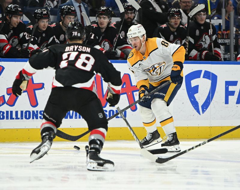 Jan 31, 2025; Buffalo, New York, USA; Nashville Predators center Jonathan Marchessault (81) tries to skate past Buffalo Sabres defenseman Jacob Bryson (78) in the third period at the KeyBank Center. Mandatory Credit: Mark Konezny-Imagn Images
