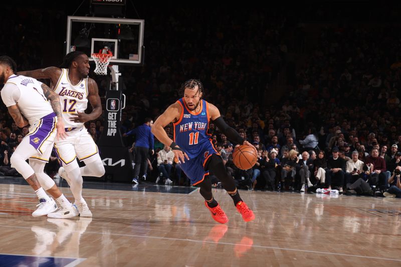 NEW YORK, NY - FEBRUARY 3: Jalen Brunson #11 of the New York Knicks dribbles the ball during the game against the Los Angeles Lakers on February 3, 2024 at Madison Square Garden in New York City, New York.  NOTE TO USER: User expressly acknowledges and agrees that, by downloading and or using this photograph, User is consenting to the terms and conditions of the Getty Images License Agreement. Mandatory Copyright Notice: Copyright 2024 NBAE  (Photo by Nathaniel S. Butler/NBAE via Getty Images)