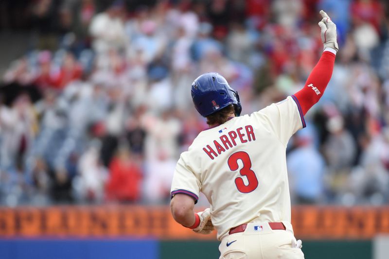 May 4, 2025; Philadelphia, Pennsylvania, USA; Philadelphia Phillies first base Bryce Harper (3) celebrates his home run during the first inning against the Arizona Diamondbacks at Citizens Bank Park. Mandatory Credit: Eric Hartline-Imagn Images