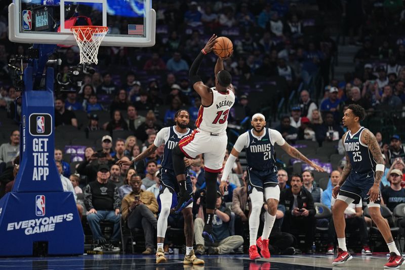 DALLAS, TX - MARCH 7: Bam Adebayo #13 of the Miami Heat shoots the ball during the game against the Dallas Mavericks on March 7, 2024 at the American Airlines Center in Dallas, Texas. NOTE TO USER: User expressly acknowledges and agrees that, by downloading and or using this photograph, User is consenting to the terms and conditions of the Getty Images License Agreement. Mandatory Copyright Notice: Copyright 2024 NBAE (Photo by Glenn James/NBAE via Getty Images)