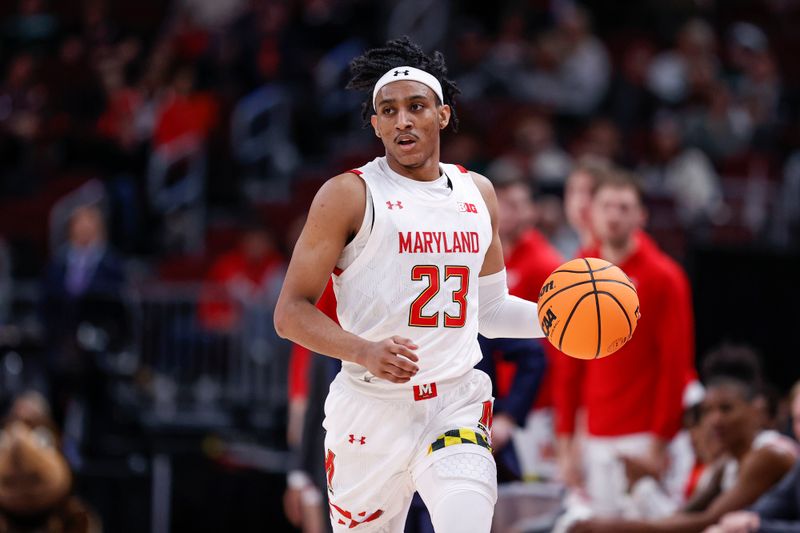 Mar 9, 2023; Chicago, IL, USA; Maryland Terrapins guard Ian Martinez (23) brings the ball up court against the Minnesota Golden Gophers during the first half at United Center. Mandatory Credit: Kamil Krzaczynski-USA TODAY Sports