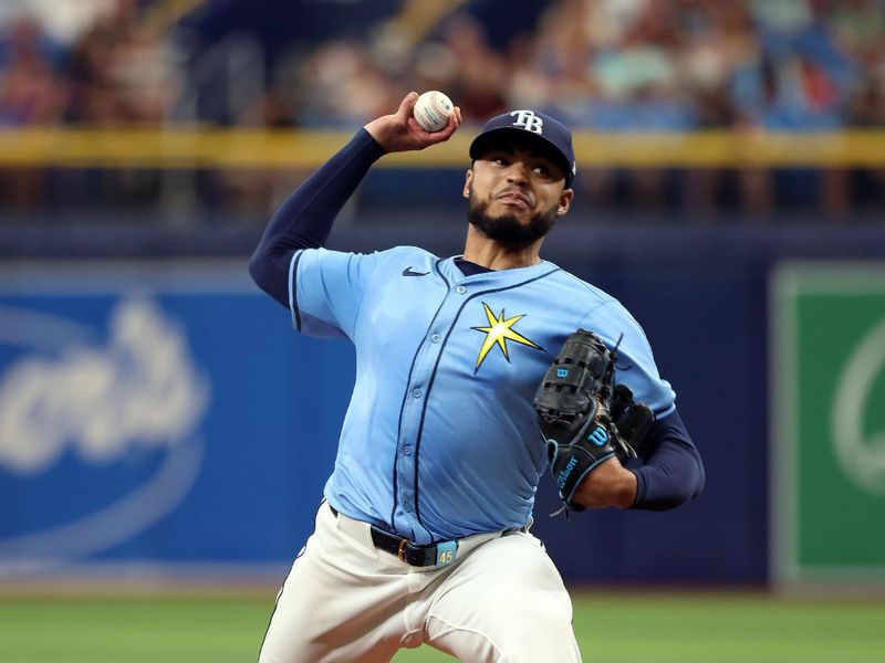 Jul 31, 2024; St. Petersburg, Florida, USA;  Tampa Bay Rays pitcher Taj Bradley (45) throw against the Miami Marlins during the third inning at Tropicana Field. Mandatory Credit: Kim Klement Neitzel-USA TODAY Sports