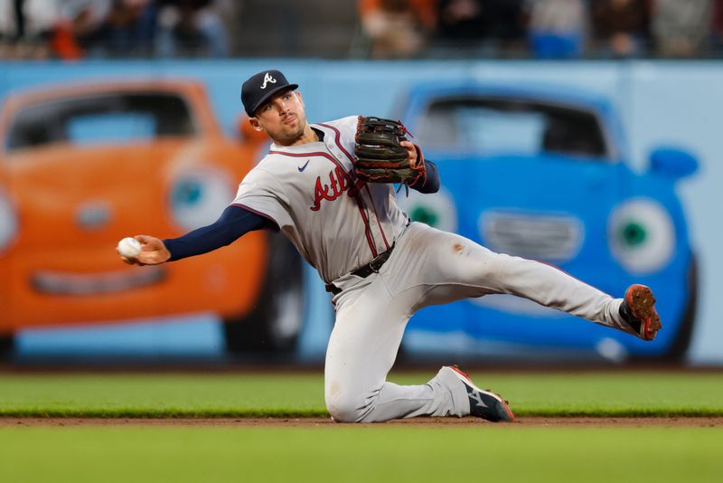 Aug 12, 2024; San Francisco, California, USA; Atlanta Braves third base Austin Riley (27) throws the ball to first during the fifth inning against the San Francisco Giants at Oracle Park. Mandatory Credit: Sergio Estrada-USA TODAY Sports