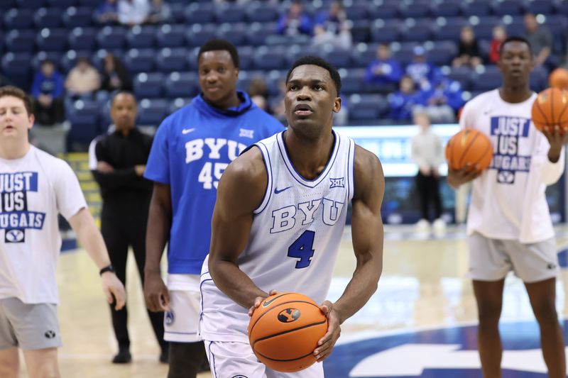 Feb 13, 2024; Provo, Utah, USA; Brigham Young Cougars forward Atiki Ally Atiki (4) warms up before the game against the Central Florida Knights at Marriott Center. Mandatory Credit: Rob Gray-USA TODAY Sports