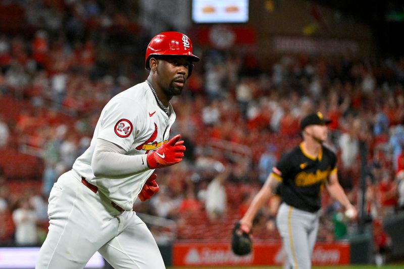 Sep 17, 2024; St. Louis, Missouri, USA;  St. Louis Cardinals right fielder Jordan Walker (18) reacts after hitting a solo home run off of Pittsburgh Pirates starting pitcher Bailey Falter (26) during the fourth inning at Busch Stadium. Mandatory Credit: Jeff Curry-Imagn Images
