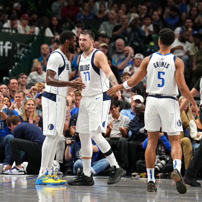 DALLAS, TX - NOVEMBER 4: Luka Doncic #77 of the Dallas Mavericks high fives teammates during the game against the Indiana Pacers on November 4, 2024 at the American Airlines Center in Dallas, Texas. NOTE TO USER: User expressly acknowledges and agrees that, by downloading and or using this photograph, User is consenting to the terms and conditions of the Getty Images License Agreement. Mandatory Copyright Notice: Copyright 2024 NBAE (Photo by Glenn James/NBAE via Getty Images)