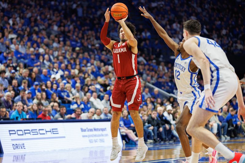 Feb 24, 2024; Lexington, Kentucky, USA; Alabama Crimson Tide guard Mark Sears (1) shoots during the first half against the Kentucky Wildcats at Rupp Arena at Central Bank Center. Mandatory Credit: Jordan Prather-USA TODAY Sports