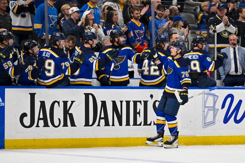 Apr 12, 2024; St. Louis, Missouri, USA;  St. Louis Blues center Zack Bolduc (76) is congratulated by teammates after scoring against the Carolina Hurricanes during the first period at Enterprise Center. Mandatory Credit: Jeff Curry-USA TODAY Sports