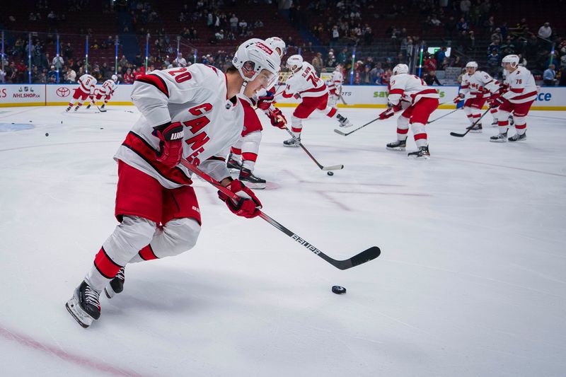 Dec 9, 2023; Vancouver, British Columbia, CAN; Carolina Hurricanes forward Sebastian Aho (20) handles the puck during warm up prior to a game against the Vancouver Canucks at Rogers Arena. Mandatory Credit: Bob Frid-USA TODAY Sports