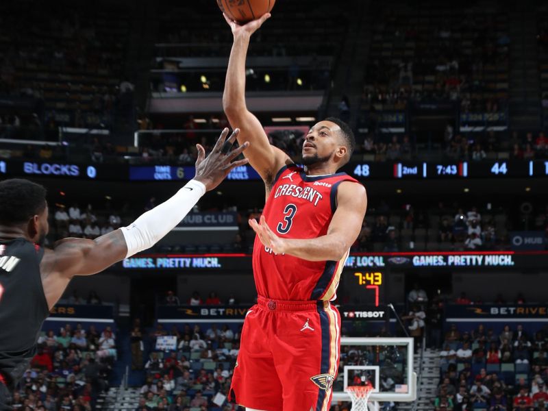 NEW ORLEANS, LA - MARCH 16: CJ McCollum #3 of the New Orleans Pelicans shoots the ball during the game against the Portland Trail Blazers on March 16, 2024 at the Smoothie King Center in New Orleans, Louisiana. NOTE TO USER: User expressly acknowledges and agrees that, by downloading and or using this Photograph, user is consenting to the terms and conditions of the Getty Images License Agreement. Mandatory Copyright Notice: Copyright 2024 NBAE (Photo by Layne Murdoch Jr./NBAE via Getty Images)