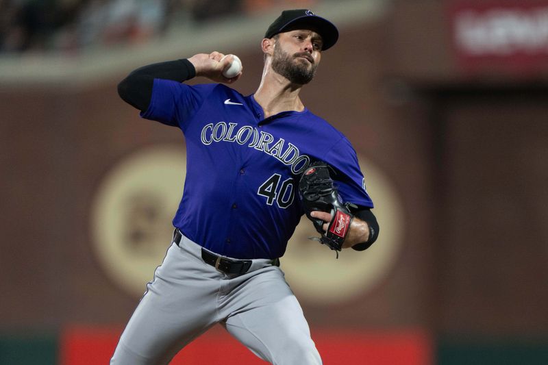 Jul 26, 2024; San Francisco, California, USA;  Colorado Rockies pitcher Tyler Kinley (40) pitches during the sixth inning against the San Francisco Giants at Oracle Park. Mandatory Credit: Stan Szeto-USA TODAY Sports