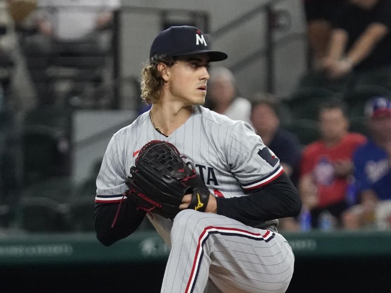 Sep 1, 2023; Arlington, Texas, USA; Minnesota Twins starting pitcher Joe Ryan (41) throws to the plate during the first inning against the Texas Rangers at Globe Life Field. Mandatory Credit: Raymond Carlin III-USA TODAY Sports