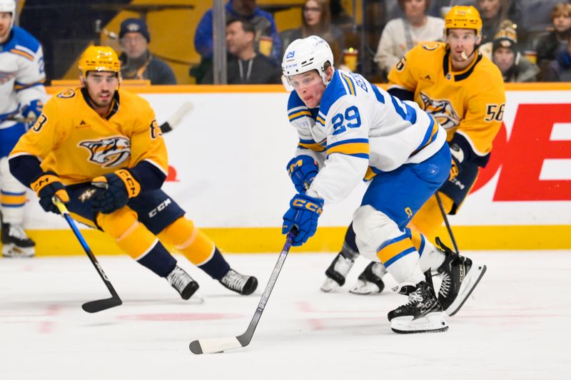 Feb 2, 2026; Nashville, Tennessee, USA;  St. Louis Blues right wing Jonatan Berggren (29) skates with the puck against the Nashville Predators during the first period at Bridgestone Arena. Mandatory Credit: Steve Roberts-Imagn Images
