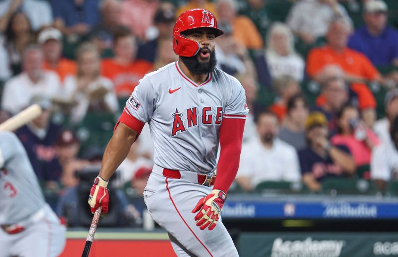 May 22, 2024; Houston, Texas, USA; Los Angeles Angels third baseman Luis Rengifo (2) reacts after striking out during the first inning against the Houston Astros at Minute Maid Park. Mandatory Credit: Troy Taormina-USA TODAY Sports