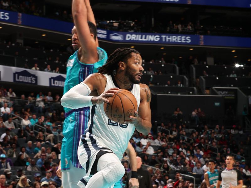 CHARLOTTE, NC - FEBRUARY 10:  Derrick Rose #23 of the Memphis Grizzlies goes to the basket during the game on February 10, 2024 at Spectrum Center in Charlotte, North Carolina. NOTE TO USER: User expressly acknowledges and agrees that, by downloading and or using this photograph, User is consenting to the terms and conditions of the Getty Images License Agreement.  Mandatory Copyright Notice:  Copyright 2024 NBAE (Photo by Kent Smith/NBAE via Getty Images)