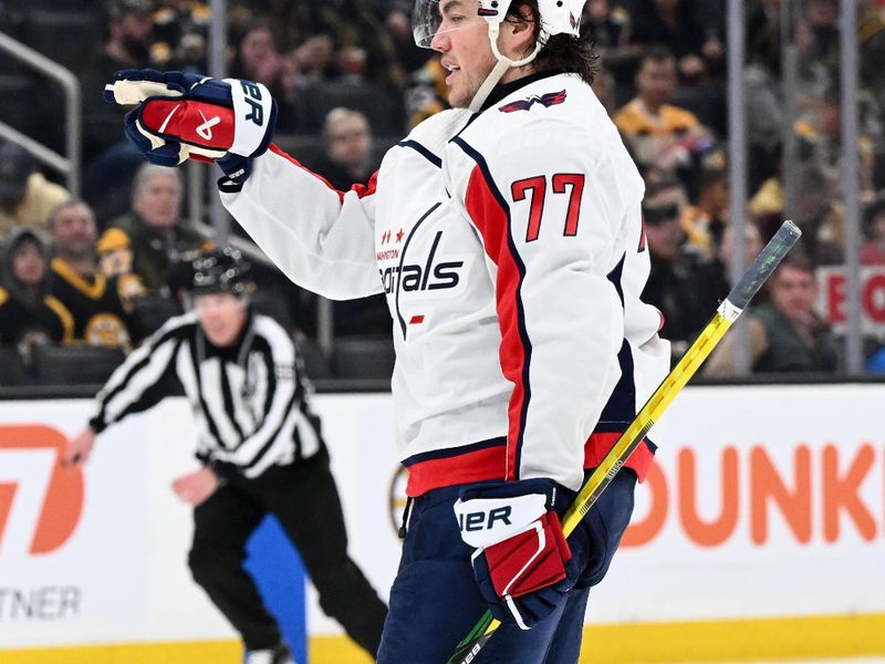 Feb 10, 2024; Boston, Massachusetts, USA; Washington Capitals right wing T.J. Oshie (77) reacts after scoring a goal against the Boston Bruins during the second period at the TD Garden. Mandatory Credit: Brian Fluharty-USA TODAY Sports