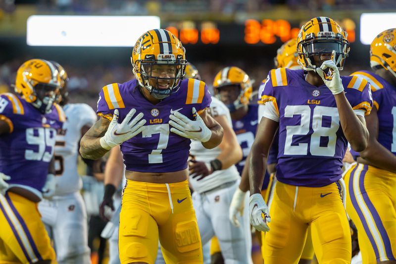 Sep 18, 2021; Baton Rouge, LA, USA; LSU Tigers cornerback Derek Stingley Jr. (7) reacts after making a tackle against the Central Michigan Chippewas at Tiger Stadium. Mandatory Credit: Scott Clause/The Advertiser via USA TODAY NETWORK