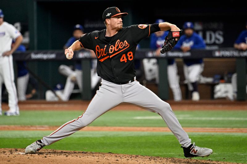 Oct 10, 2023; Arlington, Texas, USA; Baltimore Orioles relief pitcher Kyle Gibson (48) pitches in the fourth inning against the Texas Rangers during game three of the ALDS for the 2023 MLB playoffs at Globe Life Field. Mandatory Credit: Jerome Miron-USA TODAY Sports