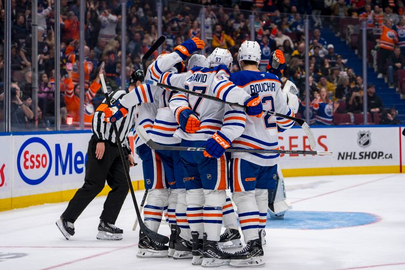 Nov 9, 2024; Vancouver, British Columbia, CAN; Edmonton Oilers forward Connor McDavid (97) celebrates with forward Zach Hyman (18) and defenseman Evan Bouchard (2) after scoring a goal against the Vancouver Canucks during the third period at Rogers Arena. Mandatory Credit: Bob Frid-Imagn Images