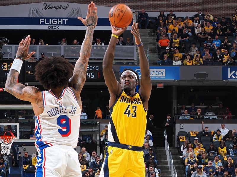 INDIANAPOLIS, IN - OCTOBER 27: Pascal Siakam #43 of the Indiana Pacers three point basket during the game against the Philadelphia 76ers on October 27, 2024 at Gainbridge Fieldhouse in Indianapolis, Indiana. NOTE TO USER: User expressly acknowledges and agrees that, by downloading and or using this Photograph, user is consenting to the terms and conditions of the Getty Images License Agreement. Mandatory Copyright Notice: Copyright 2024 NBAE (Photo by Ron Hoskins/NBAE via Getty Images)