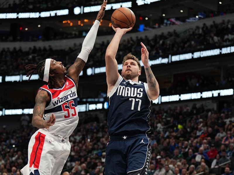 DALLAS, TX - FEBRUARY 12: Luka Doncic #77 of the Dallas Mavericks drives to the basket during the game against the Washington Wizards on February 12, 2024 at the American Airlines Center in Dallas, Texas. NOTE TO USER: User expressly acknowledges and agrees that, by downloading and or using this photograph, User is consenting to the terms and conditions of the Getty Images License Agreement. Mandatory Copyright Notice: Copyright 2024 NBAE (Photo by Glenn James/NBAE via Getty Images)