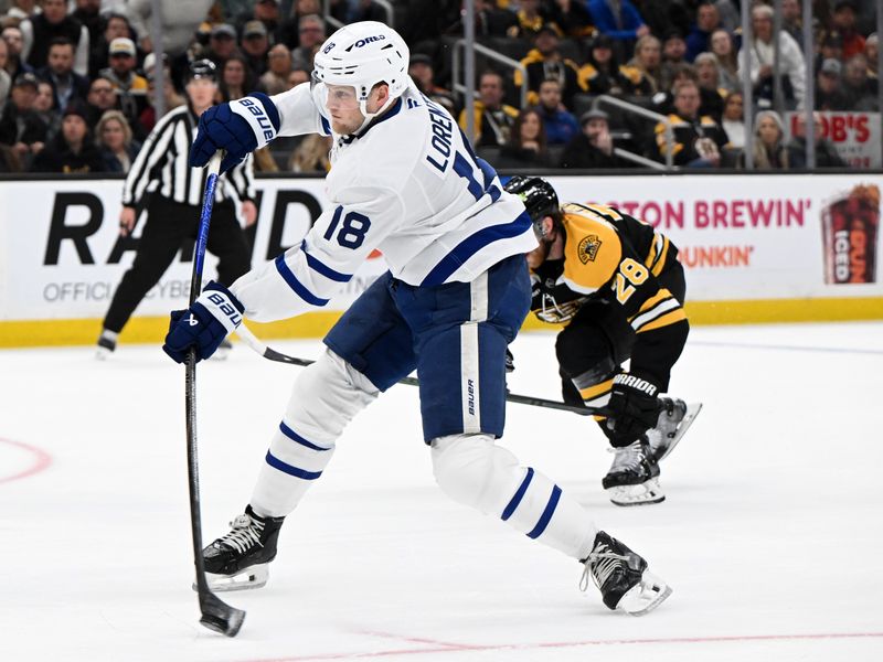 Feb 25, 2025; Boston, Massachusetts, USA; Toronto Maple Leafs center Steven Lorentz (18) takes a shot against the Boston Bruins during the second period at the TD Garden. Mandatory Credit: Brian Fluharty-Imagn Images