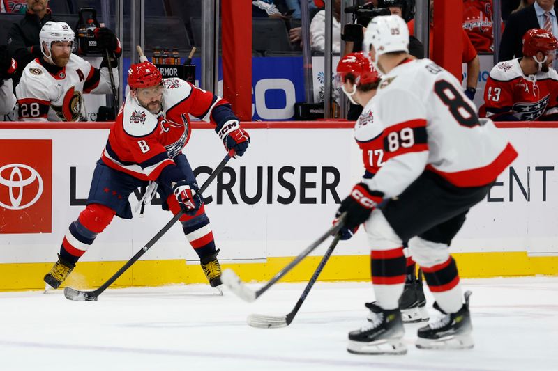 Oct 25, 2025; Washington, District of Columbia, USA; Washington Capitals left wing Alex Ovechkin (8) passes the puck as Ottawa Senators center Lars Eller (89) defends during the third period at Capital One Arena. Mandatory Credit: Geoff Burke-Imagn Images