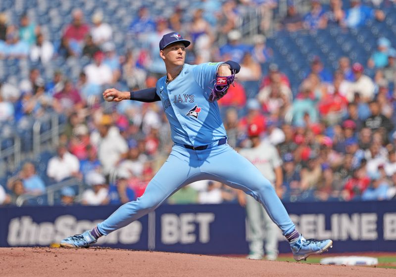 Sep 4, 2024; Toronto, Ontario, CAN; Toronto Blue Jays starting pitcher Bowden Francis (44) throws a pitch against the Philadelphia Phillies during the first inning at Rogers Centre. Mandatory Credit: Nick Turchiaro-Imagn Images