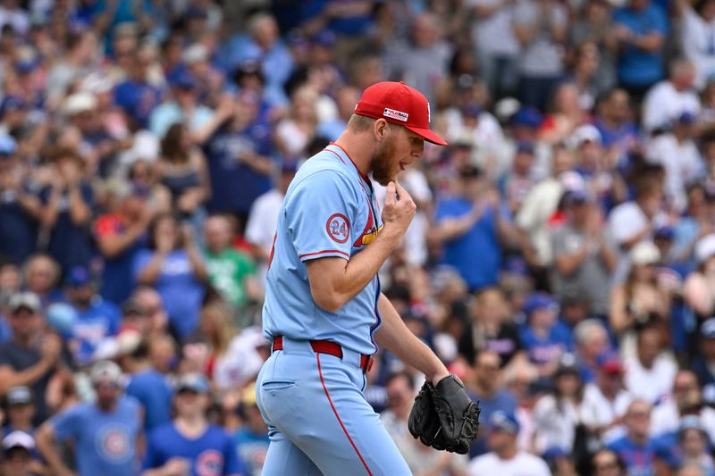 Jun 15, 2024; Chicago, Illinois, USA;  St. Louis Cardinals pitcher Chris Roycroft (58) after the Chicago Cubs scored during the fourth inning at Wrigley Field. Mandatory Credit: Matt Marton-USA TODAY Sports