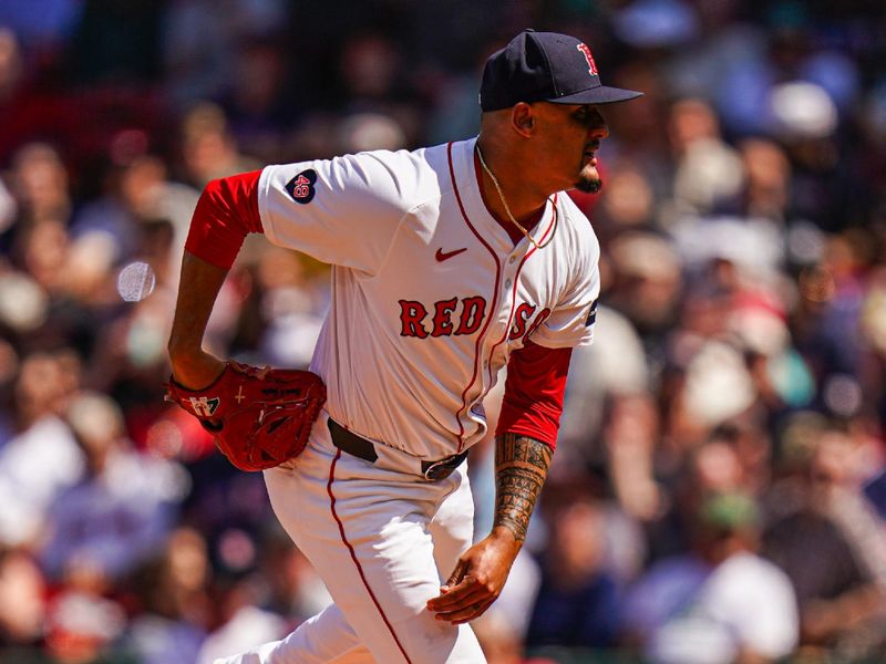 May 2, 2024; Boston, Massachusetts, USA; Boston Red Sox relief pitcher Brennan Bernardino (83) throws a pitch against the San Francisco Giants in the fifth inning at Fenway Park. Mandatory Credit: David Butler II-USA TODAY Sports