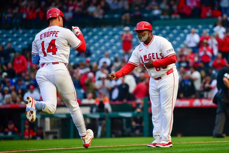 May 1, 2025; Anaheim, California, USA; Los Angeles Angels designated hitter Logan O'Hoppe (14) is greeted by third base coach Eric Young Sr. (85) after hitting a solo home run against the Detroit Tigers during the second inning at Angel Stadium. Mandatory Credit: Gary A. Vasquez-Imagn Images