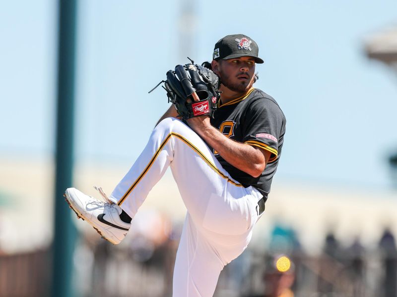 Mar 7, 2025; Bradenton, Florida, USA; Pittsburgh Pirates pitcher Jared Jones (37) throws a pitch against the Philadelphia Phillies in the first inning during spring training at LECOM Park. Mandatory Credit: Nathan Ray Seebeck-Imagn Images