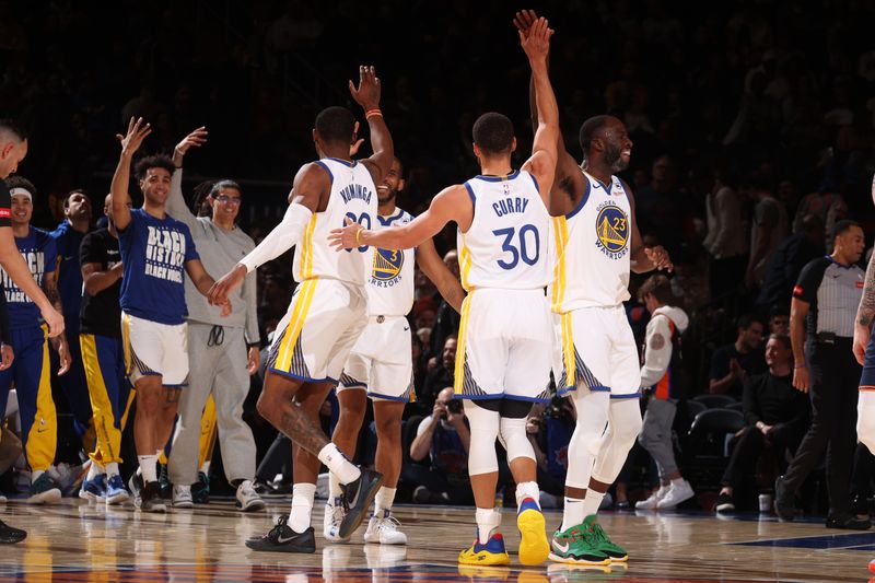 NEW YORK, NY - FEBRUARY 29: The Golden State Warriors celebrates during the game against the New York Knicks on January 29, 2024 at Madison Square Garden in New York City, New York.  NOTE TO USER: User expressly acknowledges and agrees that, by downloading and or using this photograph, User is consenting to the terms and conditions of the Getty Images License Agreement. Mandatory Copyright Notice: Copyright 2024 NBAE  (Photo by Nathaniel S. Butler/NBAE via Getty Images)