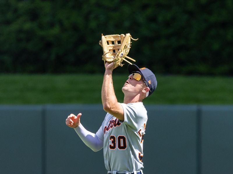 Aug 16, 2023; Minneapolis, Minnesota, USA; Detroit Tigers right fielder Kerry Carpenter (30) catches a fly ball against the Minnesota Twins in the third inning at Target Field. Mandatory Credit: Jesse Johnson-USA TODAY Sports