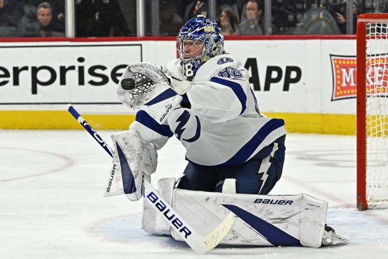 Jan 23, 2024; Philadelphia, Pennsylvania, USA; Tampa Bay Lightning goaltender Andrei Vasilevskiy (88) makes a save against the Philadelphia Flyers during the third period at Wells Fargo Center. Mandatory Credit: Eric Hartline-USA TODAY Sports